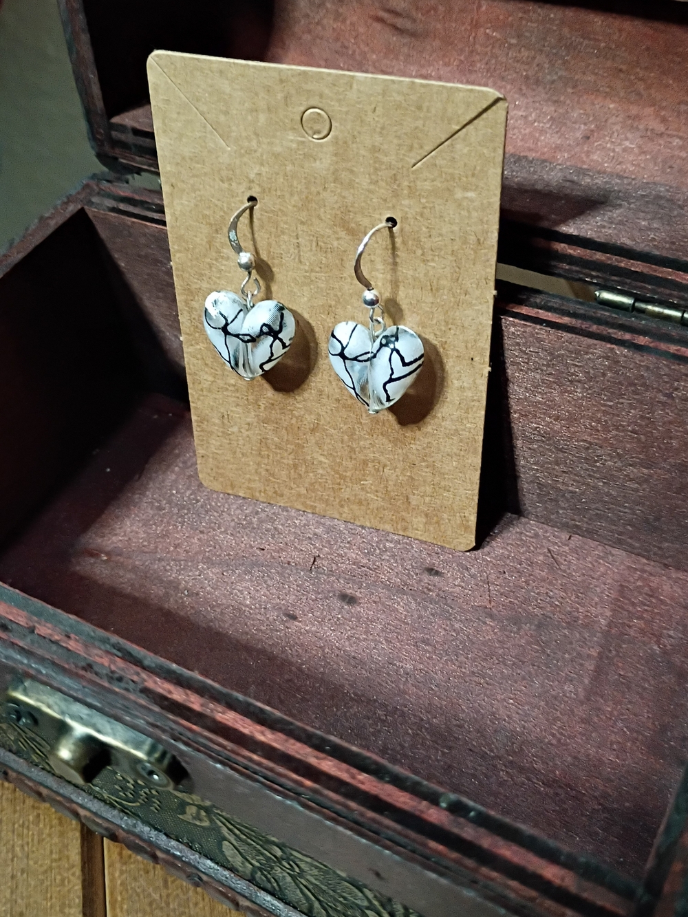 Handcrafted White and Black Heart Drop Earrings